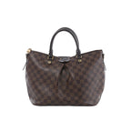 Louis Vuitton Siena MM handbag in brown Damier Ebene canvas with dark rolled handles, gold-tone hardware, top zip and pleated front.