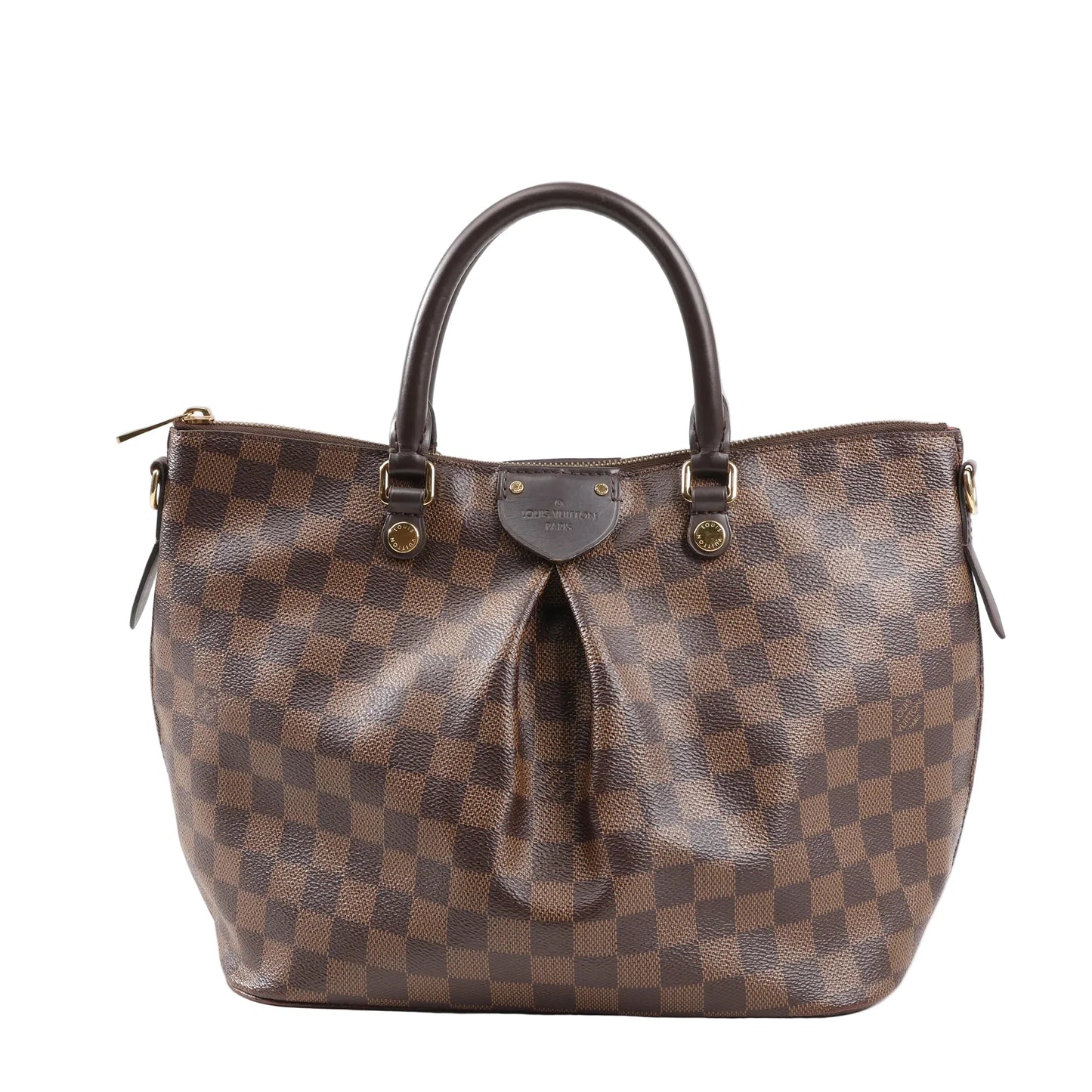 Louis Vuitton Siena MM handbag N41546 in brown Damier Ebene checkered canvas with pleated front, dual rolled handles, and gold-tone hardware.