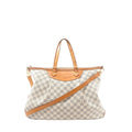 Louis Vuitton Siracusa GM bag in Damier Azur checkered canvas with tan leather handles and trim, zip-top closure, and a long shoulder strap, front view on white background.