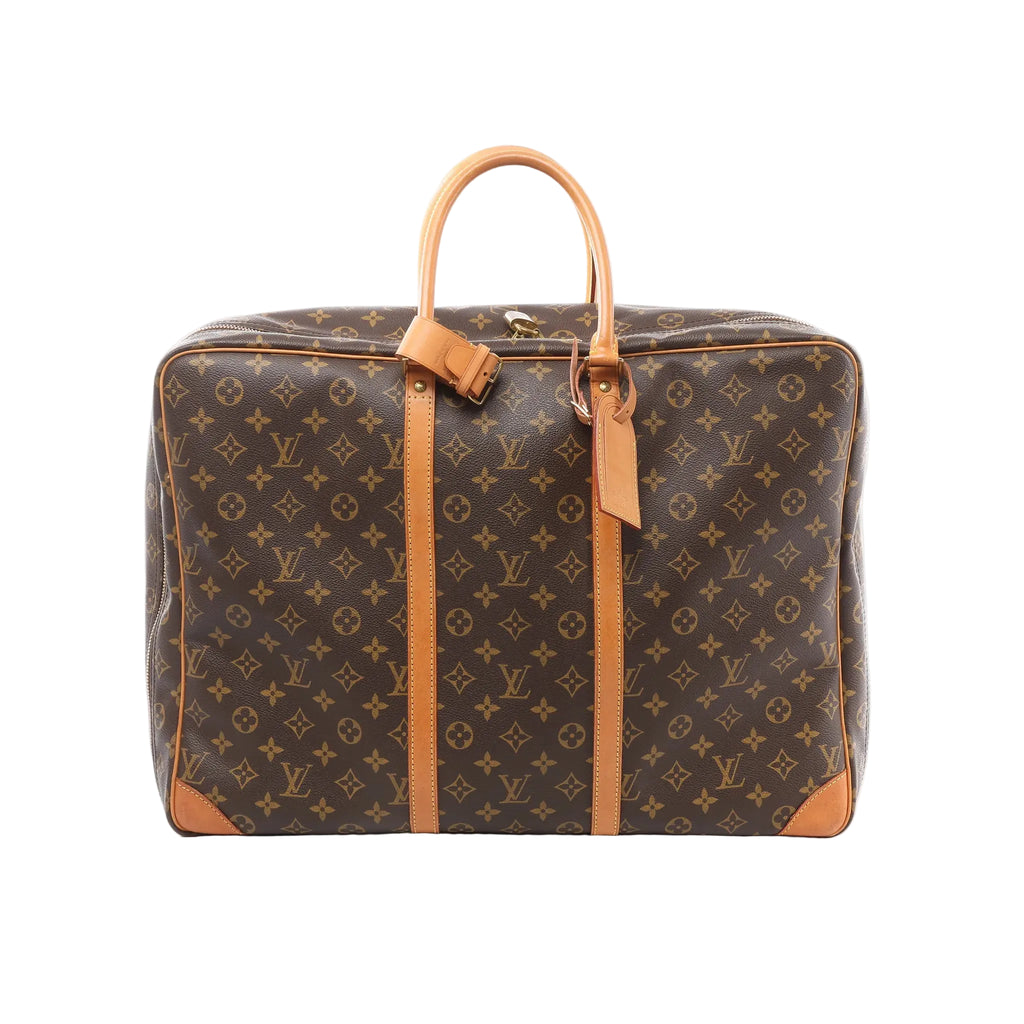 Louis Vuitton Sirius 50 brown Monogram canvas travel bag with tan leather trim, double top handles, zip-top closure, and vertical leather straps, front view on white background.