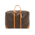 Louis Vuitton Sirius 50 brown Monogram canvas travel bag with tan leather trim, double top handles, zip-top closure, and vertical leather straps, front view on white background.