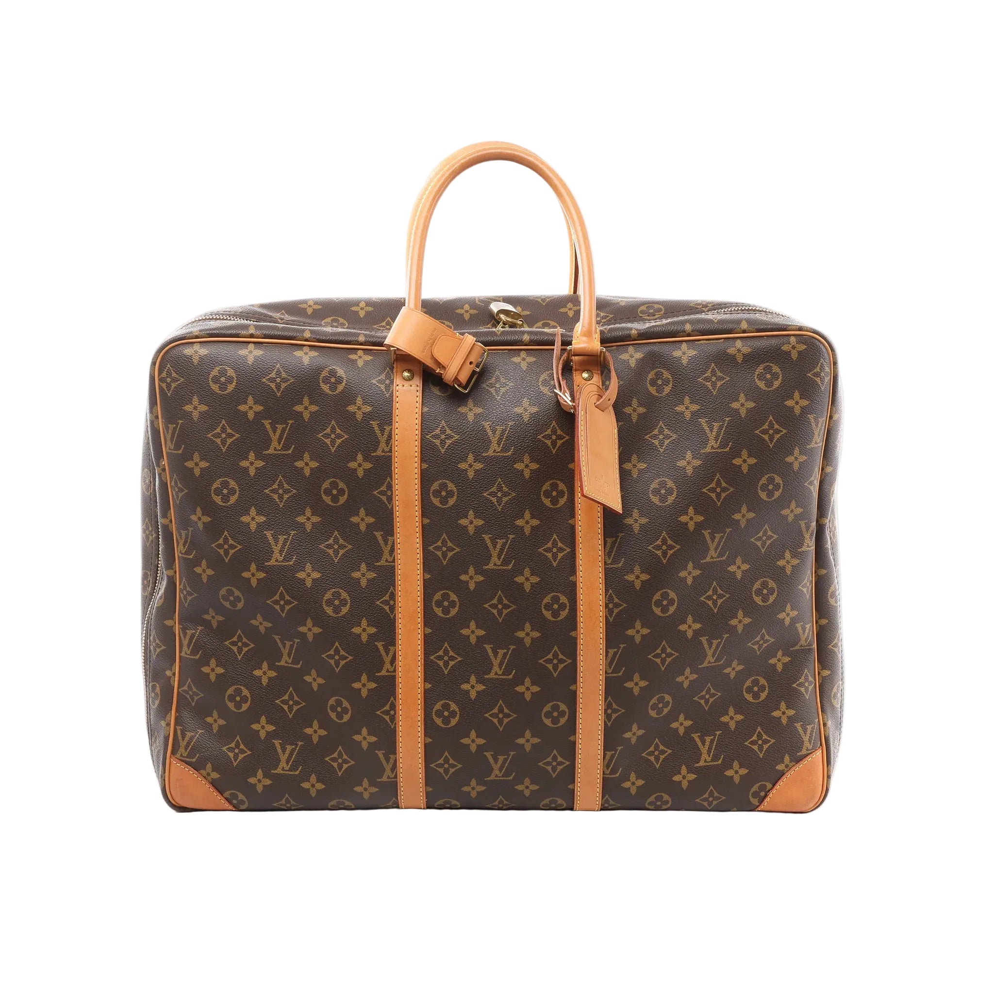 Louis Vuitton Sirius 50 brown Monogram canvas travel bag with tan leather trim, double top handles, zip-top closure, and vertical leather straps, front view on white background.