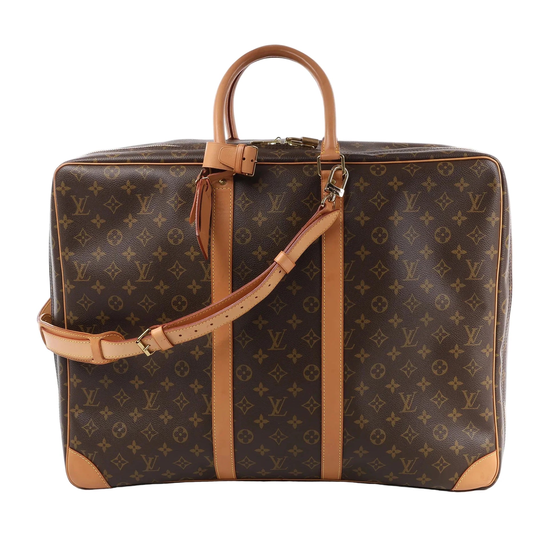 Louis Vuitton Sirius 55 travel bag M41404 in brown monogram canvas with tan leather trim, rolled top handles, detachable shoulder strap, and structured rectangular design against a white background.