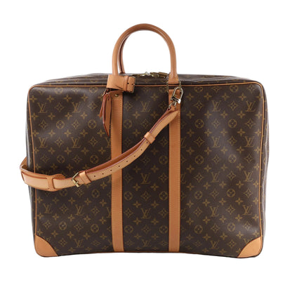 Louis Vuitton Sirius 55 travel bag M41404 in brown monogram canvas with tan leather trim, rolled top handles, detachable shoulder strap, and structured rectangular design against a white background.