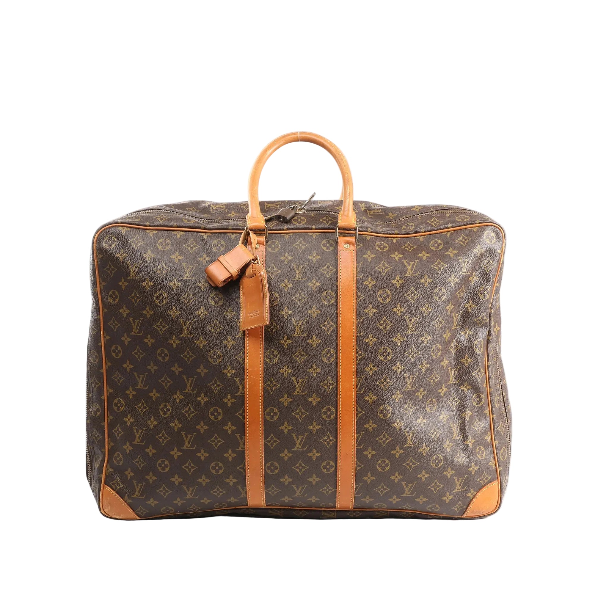 Louis Vuitton Sirius 60 travel bag in brown Monogram canvas with tan leather trim, top handles, luggage tag, and zip closure, front view on white background.