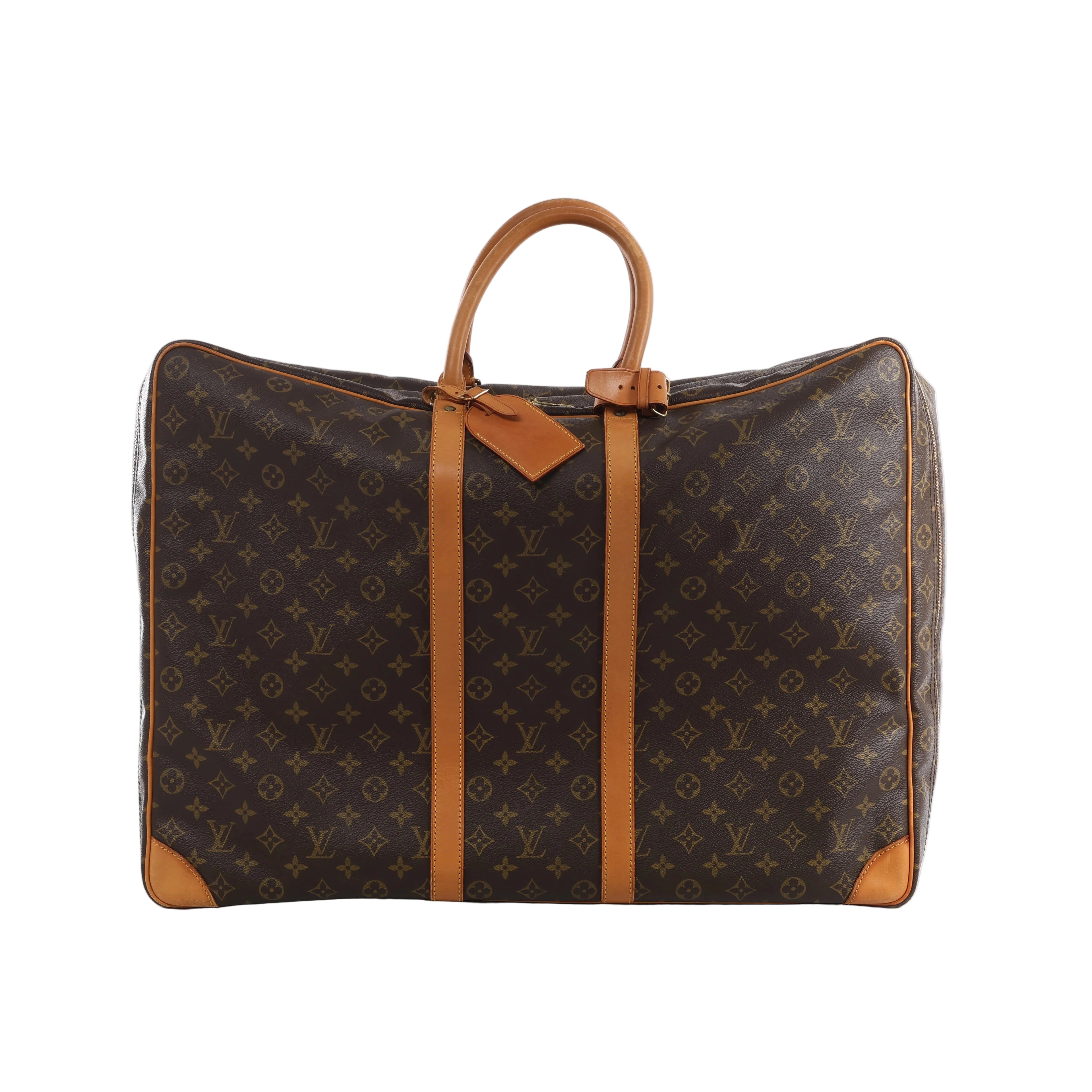 Brown Louis Vuitton Sirius 60 Monogram canvas travel bag with tan leather top handles, vertical trim, corner reinforcements and luggage tag.