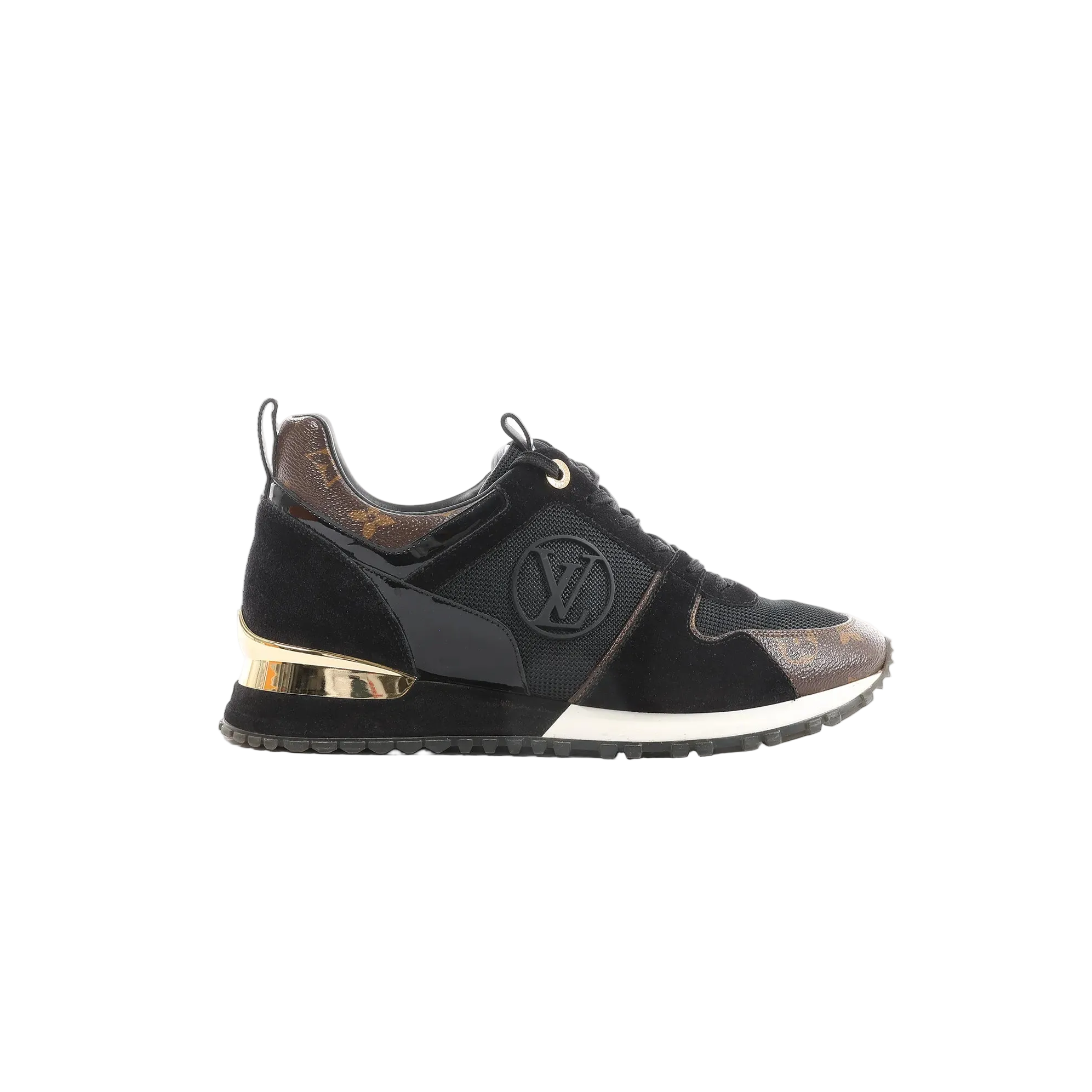 Louis Vuitton Run Away Line black sneaker with mesh and suede panels, Monogram canvas accents, embossed LV logo, and gold-tone heel detail on a white background.