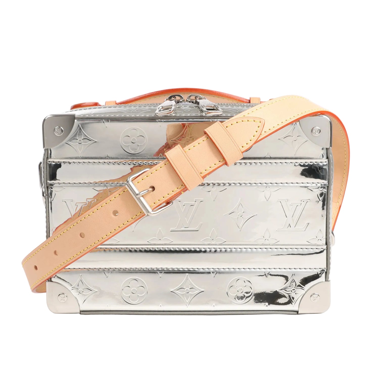 Louis Vuitton Soft Trunk M45885 crossbody bag in reflective silver monogram-embossed canvas, featuring natural leather adjustable strap, silver-tone hardware, reinforced corners, and a structured boxy silhouette inspired by classic LV trunks.