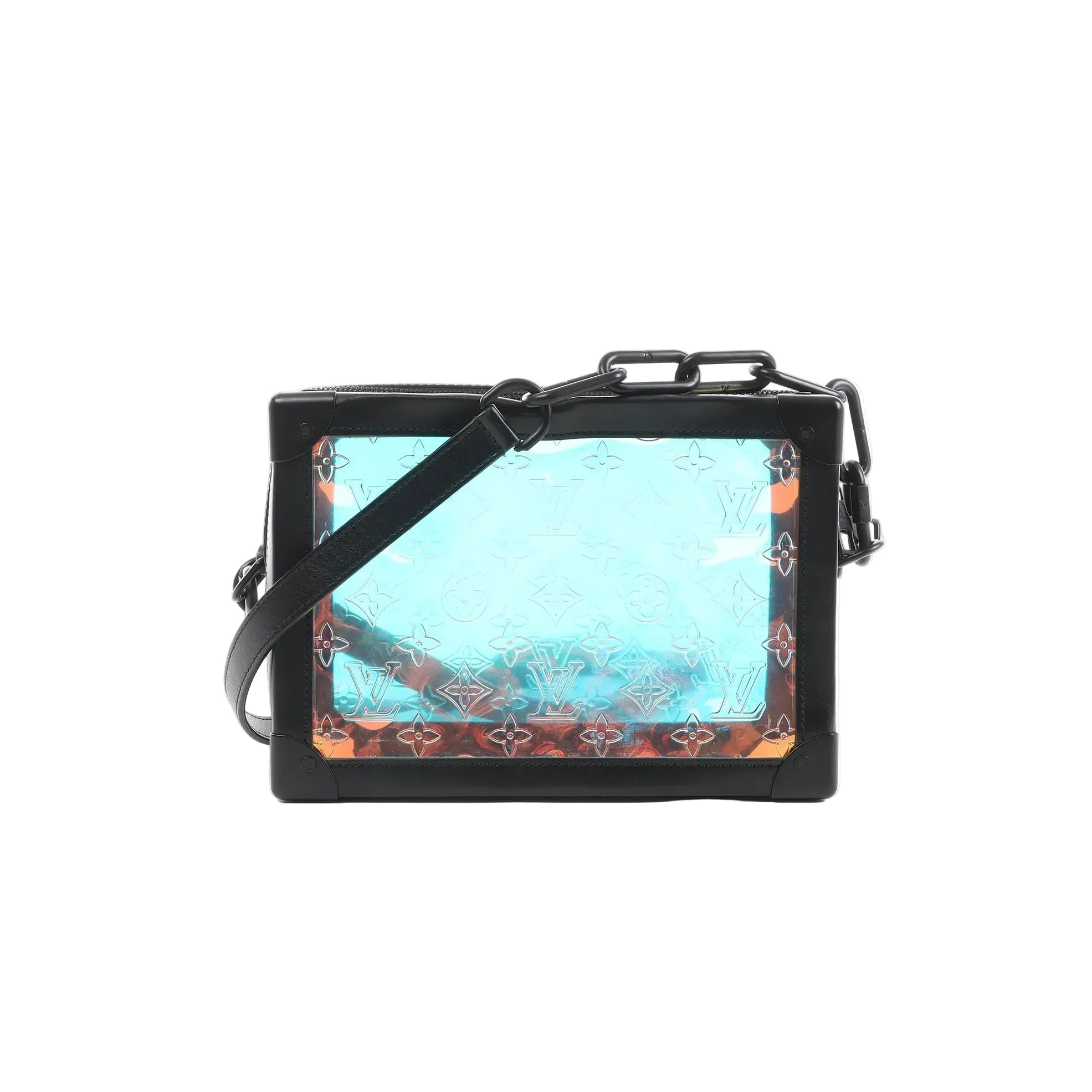 Louis Vuitton Soft Trunk crossbody with black leather frame, holographic Monogram Prism front panel, black leather strap, and chunky black chain across the top.