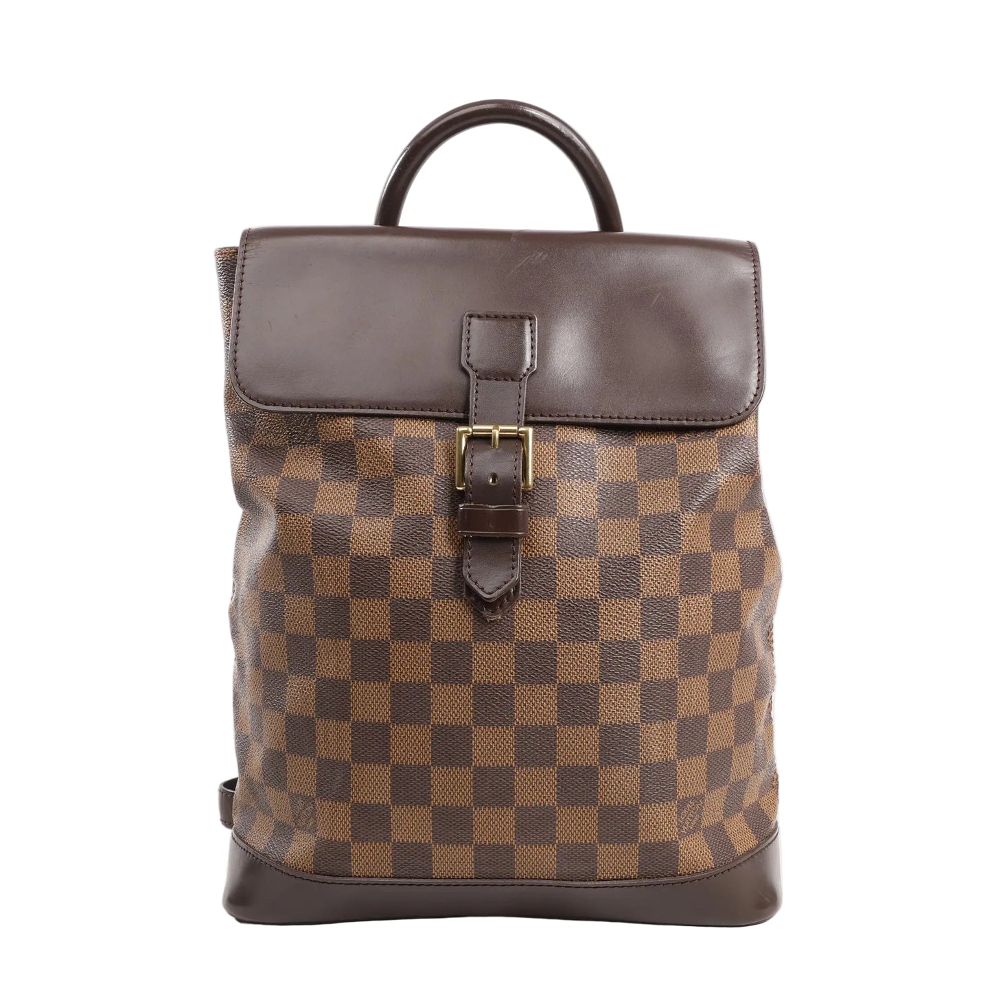 Louis Vuitton Soho backpack in brown Damier Ebene canvas with dark brown leather flap, top handle, gold-tone buckle closure, and structured silhouette.