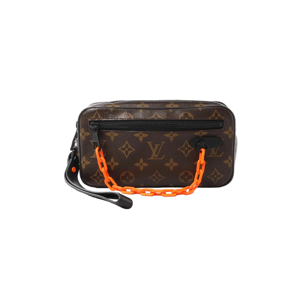 Brown Louis Vuitton Monogram Pochette Volga clutch with black front zip pocket, black leather wrist strap, and neon orange chain handle