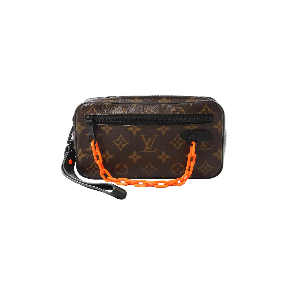 Brown Louis Vuitton Monogram Pochette Volga clutch with black front zip pocket, black leather wrist strap, and neon orange chain handle