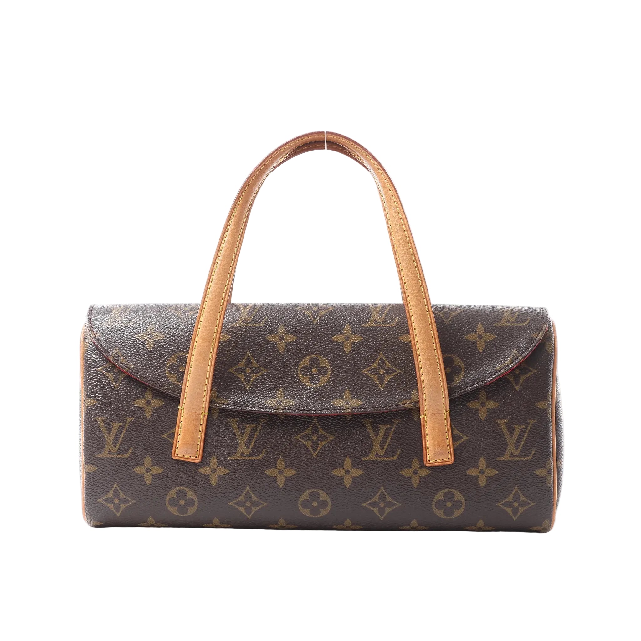 Front view of a brown Louis Vuitton Sonatine Monogram canvas handbag with a curved flap and two tan leather top handles on a white background.