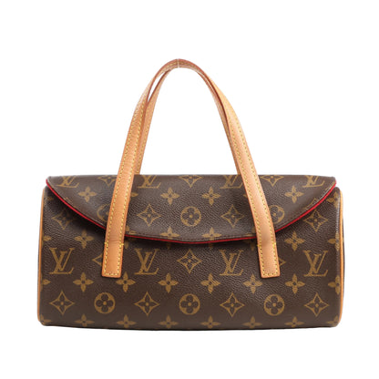 Louis Vuitton Monogram Canvas Sonatine Shoulder Bag in brown with all-over LV monogram pattern, natural vachetta leather top handles, and red edge piping.