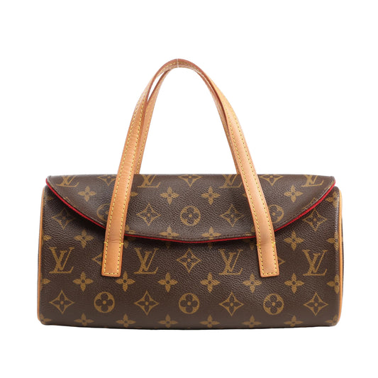 Louis Vuitton Monogram Canvas Sonatine Shoulder Bag in brown with all-over LV monogram pattern, natural vachetta leather top handles, and red edge piping.