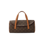 Louis Vuitton Sonatine Monogram canvas handbag with vachetta leather top handles, curved flap front, and brown coated canvas, front view on a white background.