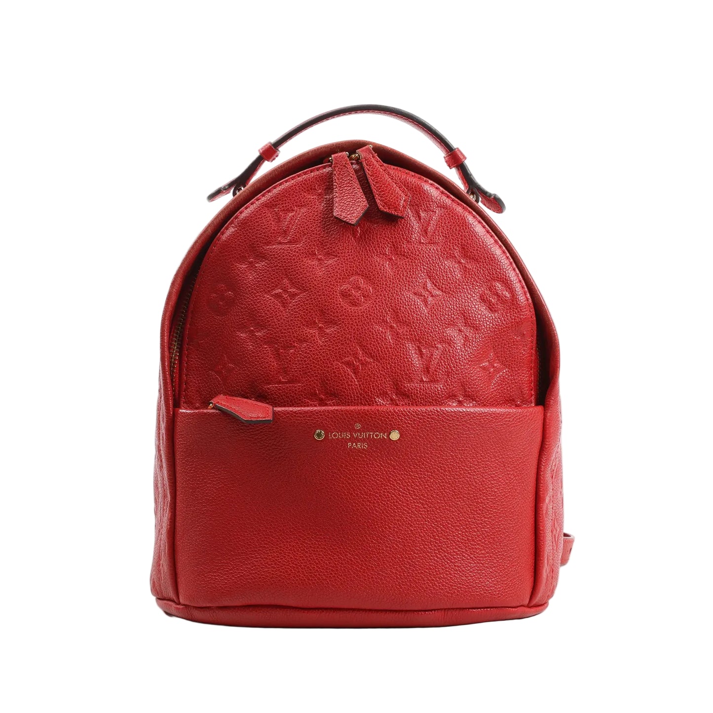 Louis Vuitton Sorbonne backpack M44015 in red Monogram Empreinte leather, featuring a structured design with top handle, front zip pocket, gold-tone hardware, and embossed LV monogram pattern throughout.