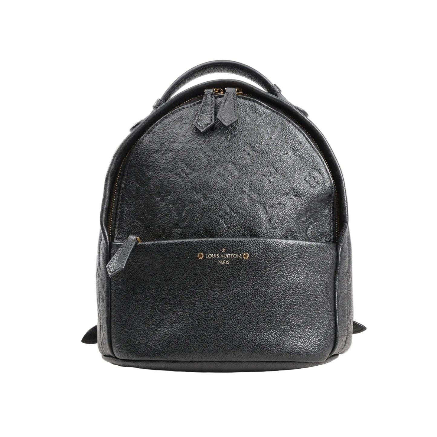 Louis Vuitton Monogram Empreinte Sorbonne Backpack M44016 in black grained leather with embossed monogram pattern, featuring a rounded top, front zip pocket, gold-tone hardware, and top handle, photographed against a white background.