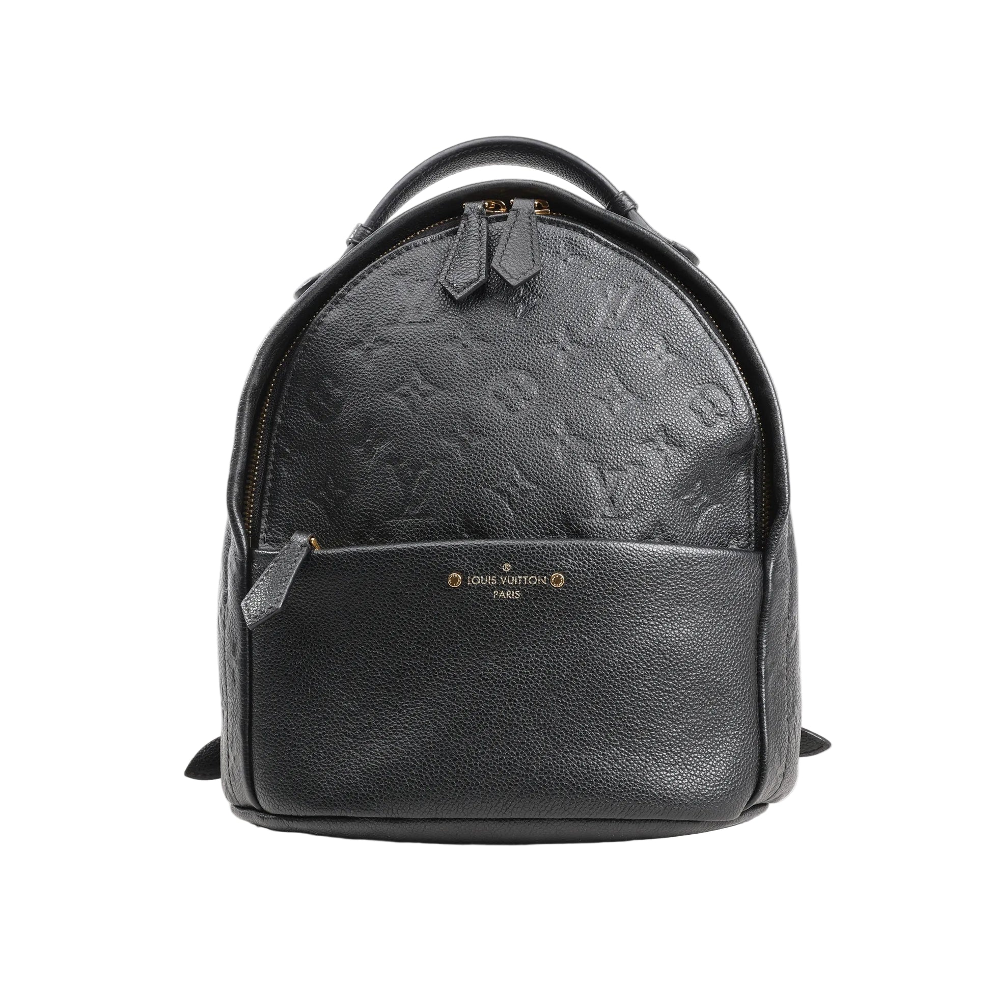 Louis Vuitton Monogram Empreinte Sorbonne Backpack M44016 in black grained leather with embossed monogram pattern, featuring a rounded top, front zip pocket, gold-tone hardware, and top handle, photographed against a white background.