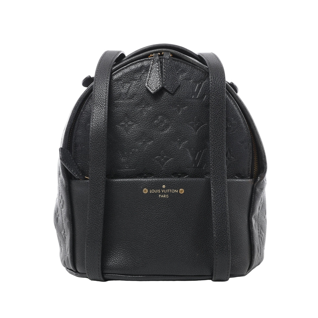 Louis Vuitton Sorbonne backpack in black embossed Monogram leather with a rounded top, front pocket, leather straps and gold-tone logo lettering.