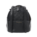 Louis Vuitton Sorbonne backpack in black embossed Monogram leather with a rounded top, front pocket, leather straps and gold-tone logo lettering.