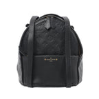 Louis Vuitton Sorbonne backpack in black embossed Monogram leather with a rounded top, front pocket, leather straps and gold-tone logo lettering.