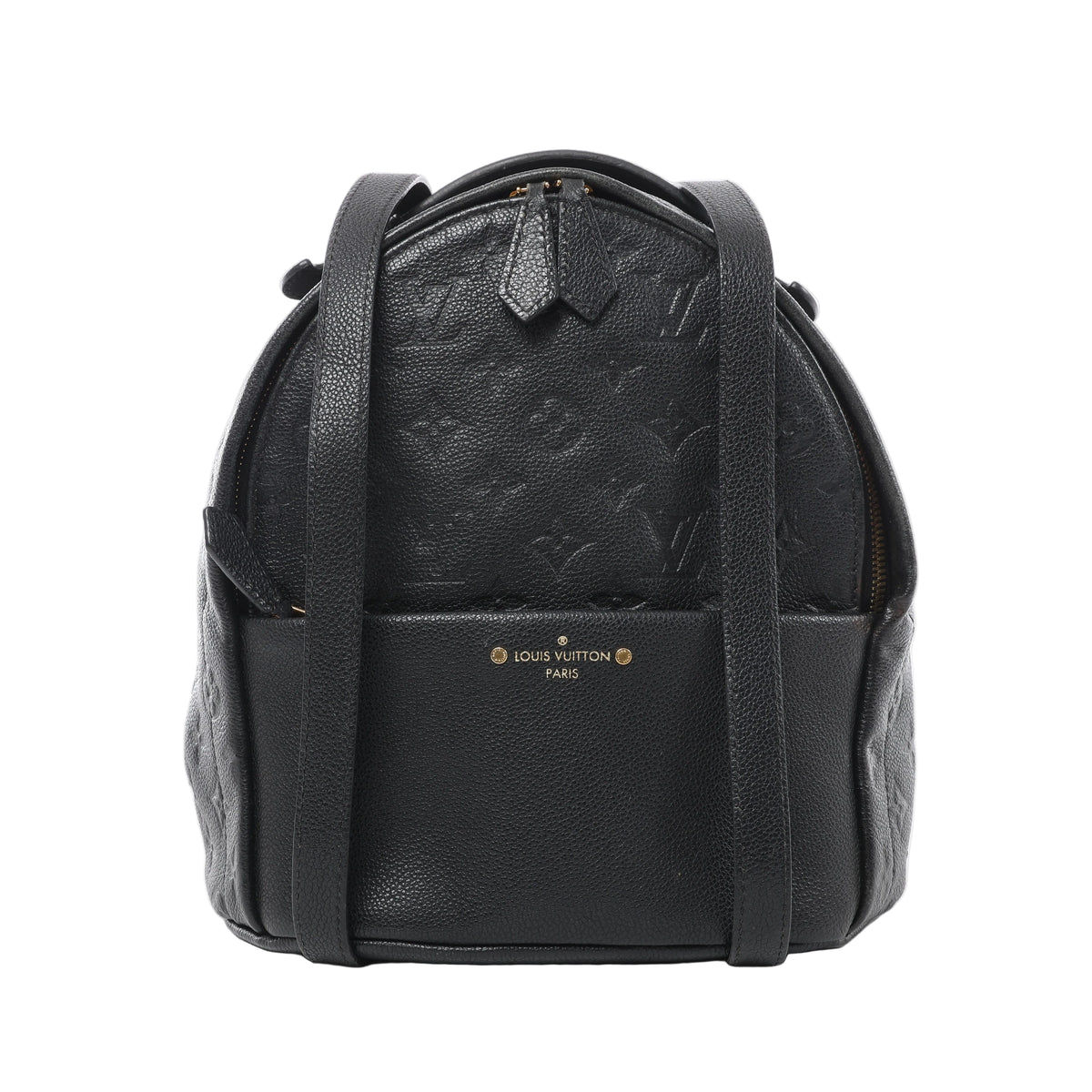 Louis Vuitton Sorbonne backpack in black embossed Monogram leather with a rounded top, front pocket, leather straps and gold-tone logo lettering.