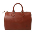 Louis Vuitton Speedy 25 handbag in brown Epi textured leather with dual top handles, zip-top closure, and LV logo on the front on white background