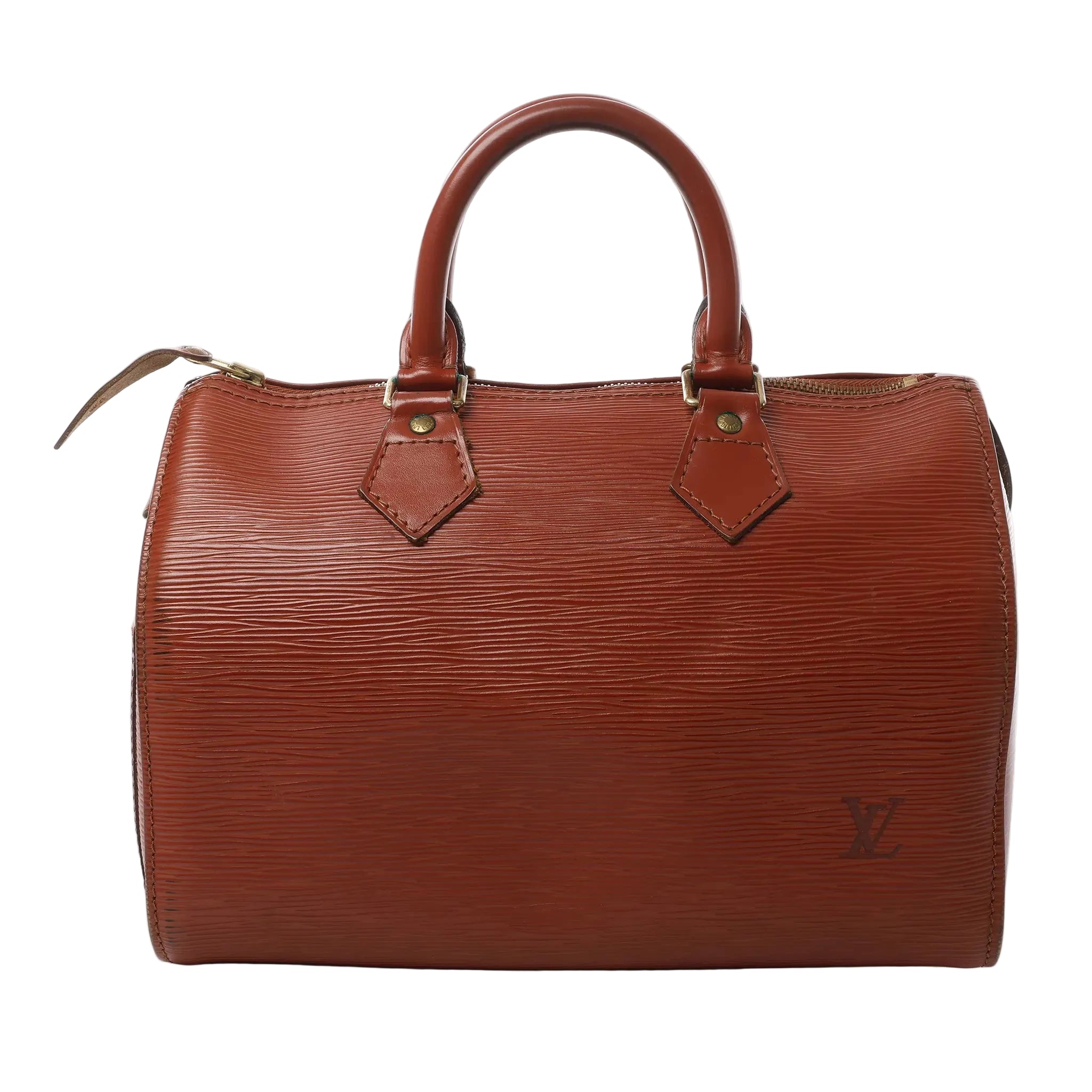 Louis Vuitton Speedy 25 handbag in brown Epi textured leather with dual top handles, zip-top closure, and LV logo on the front on white background