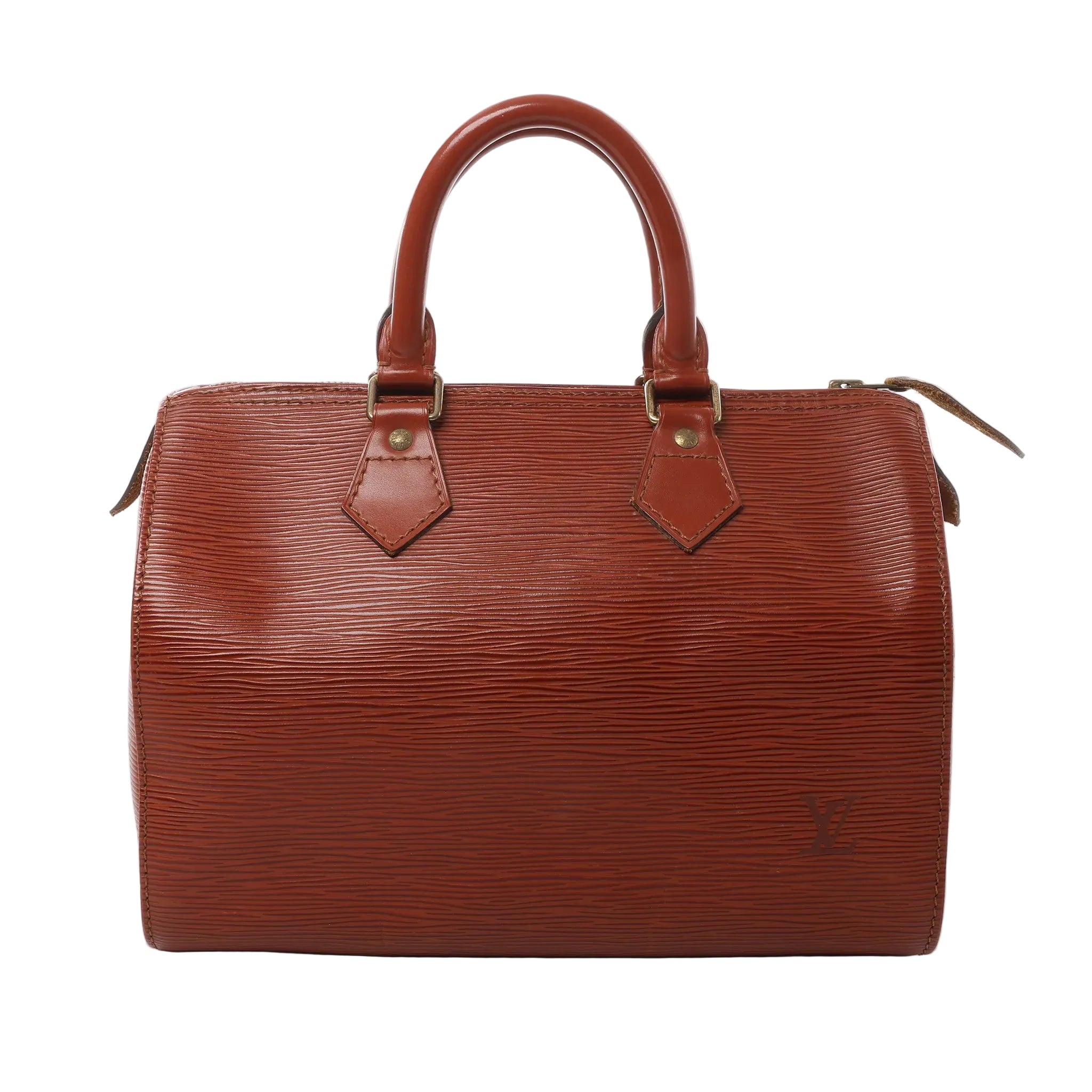 Louis Vuitton Speedy 25 handbag in brown Epi textured leather with dual top handles, zip-top closure, and LV logo on the front on white background