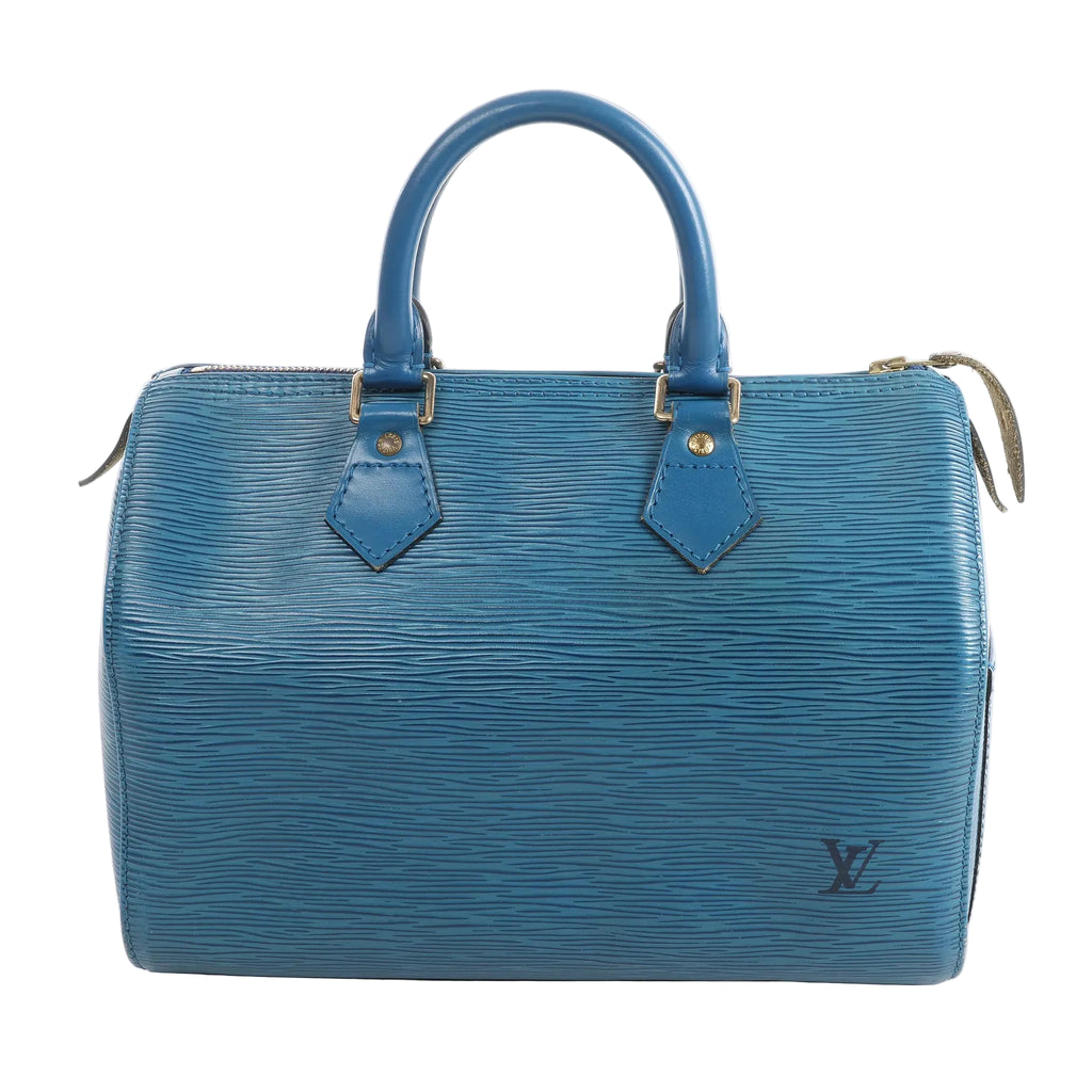 Louis Vuitton Speedy 25 handbag in blue Epi textured leather with dual top handles, zip-top closure, and LV logo on the front on white background