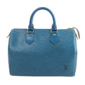 Louis Vuitton Speedy 25 handbag in blue Epi textured leather with dual top handles, zip-top closure, and LV logo on the front on white background