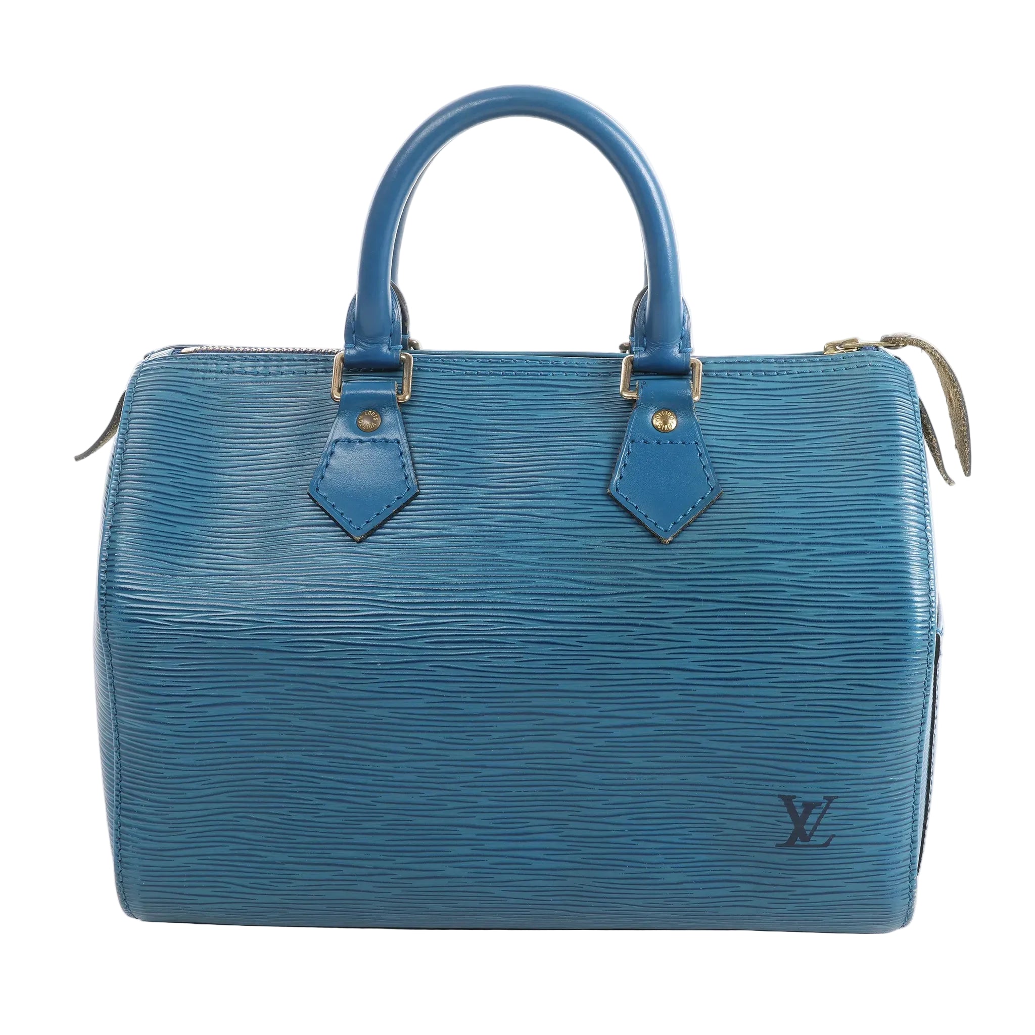 Louis Vuitton Speedy 25 handbag in blue Epi textured leather with dual top handles, zip-top closure, and LV logo on the front on white background