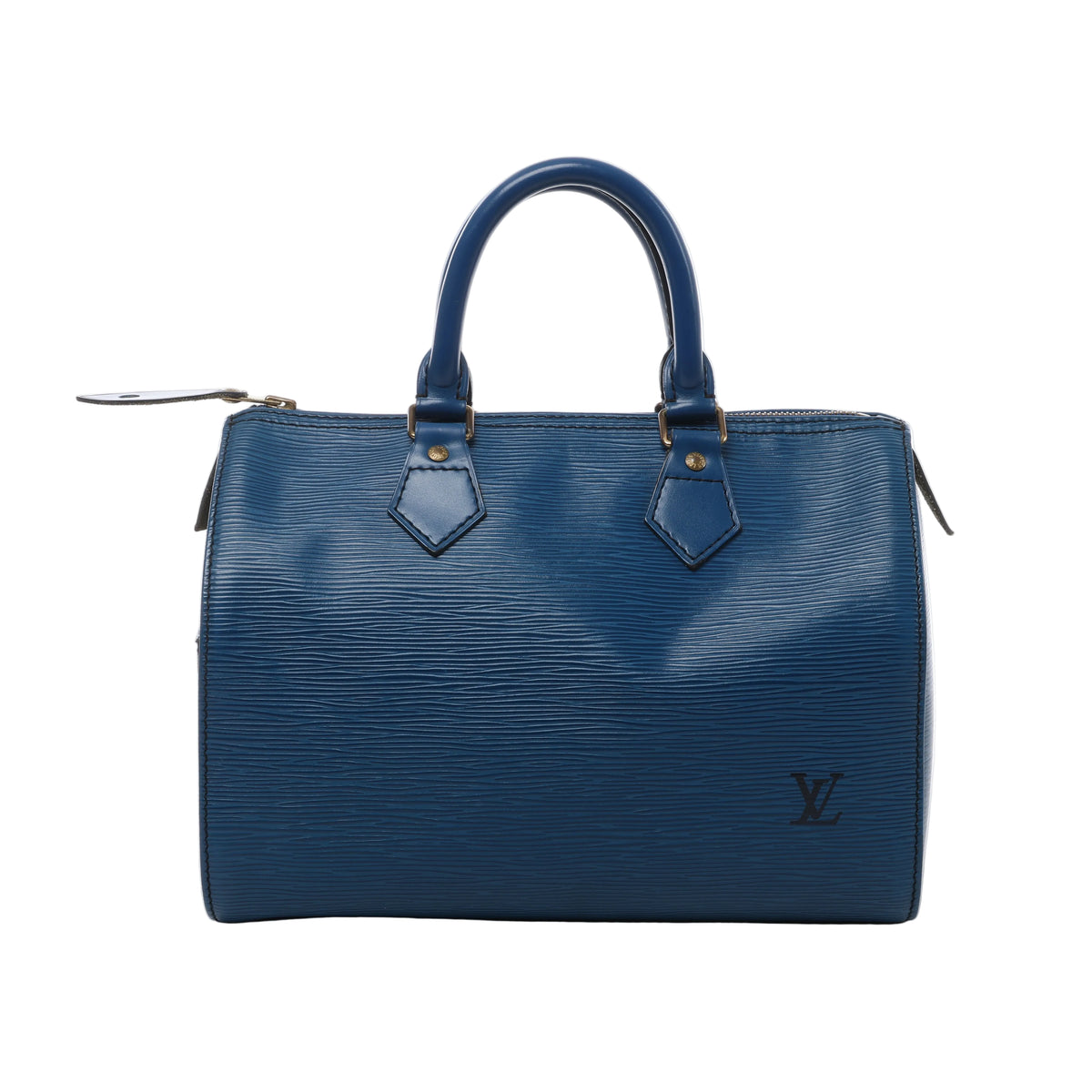 Blue Louis Vuitton Speedy 25 handbag in textured Epi leather with double rolled handles, top zip closure and subtle gold-tone hardware.