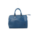 Louis Vuitton Speedy 25 handbag in blue textured Epi leather with matching rolled handles, gold-tone hardware, a top zipper and an LV logo at the lower right.