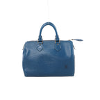 Louis Vuitton Speedy 25 handbag in blue textured Epi leather with matching rolled handles, gold-tone hardware, a top zipper and an LV logo at the lower right.