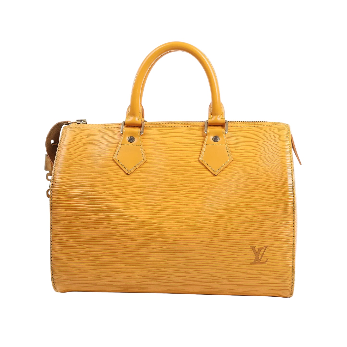 Louis Vuitton Speedy 25 handbag in vibrant yellow Epi leather with structured top handles, textured finish, silver-tone hardware, and subtle LV logo embossing, displayed against a white background.