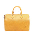 Yellow Louis Vuitton Speedy 25 Epi leather handbag with textured horizontal grain, two rolled top handles, top zip closure, and small LV logo on the front, shown on a white background.