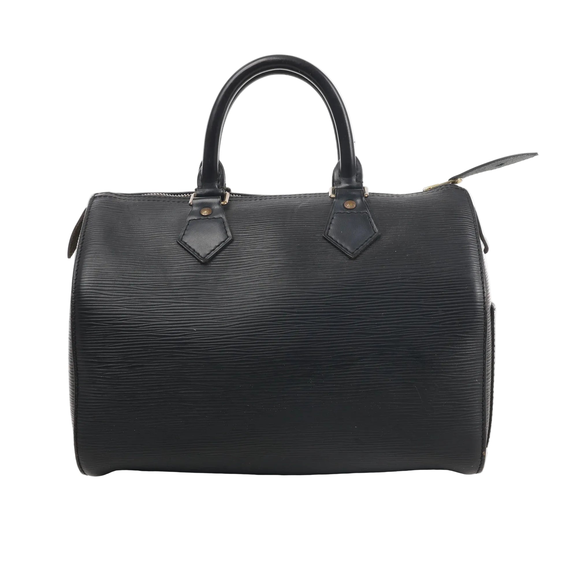 Louis Vuitton Speedy 25 handbag in black Epi leather featuring a structured barrel shape, dual top handles, and gold-tone zipper closure.