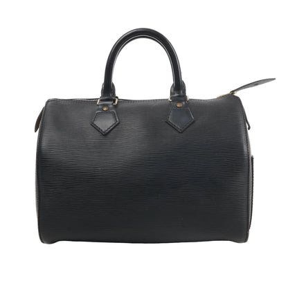Louis Vuitton Speedy 25 handbag in black Epi leather featuring a structured barrel shape, dual top handles, and gold-tone zipper closure.