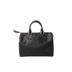 Black Louis Vuitton Speedy 25 handbag in textured Epi leather with top handles, zip-top closure, and gold-tone hardware on a white background.