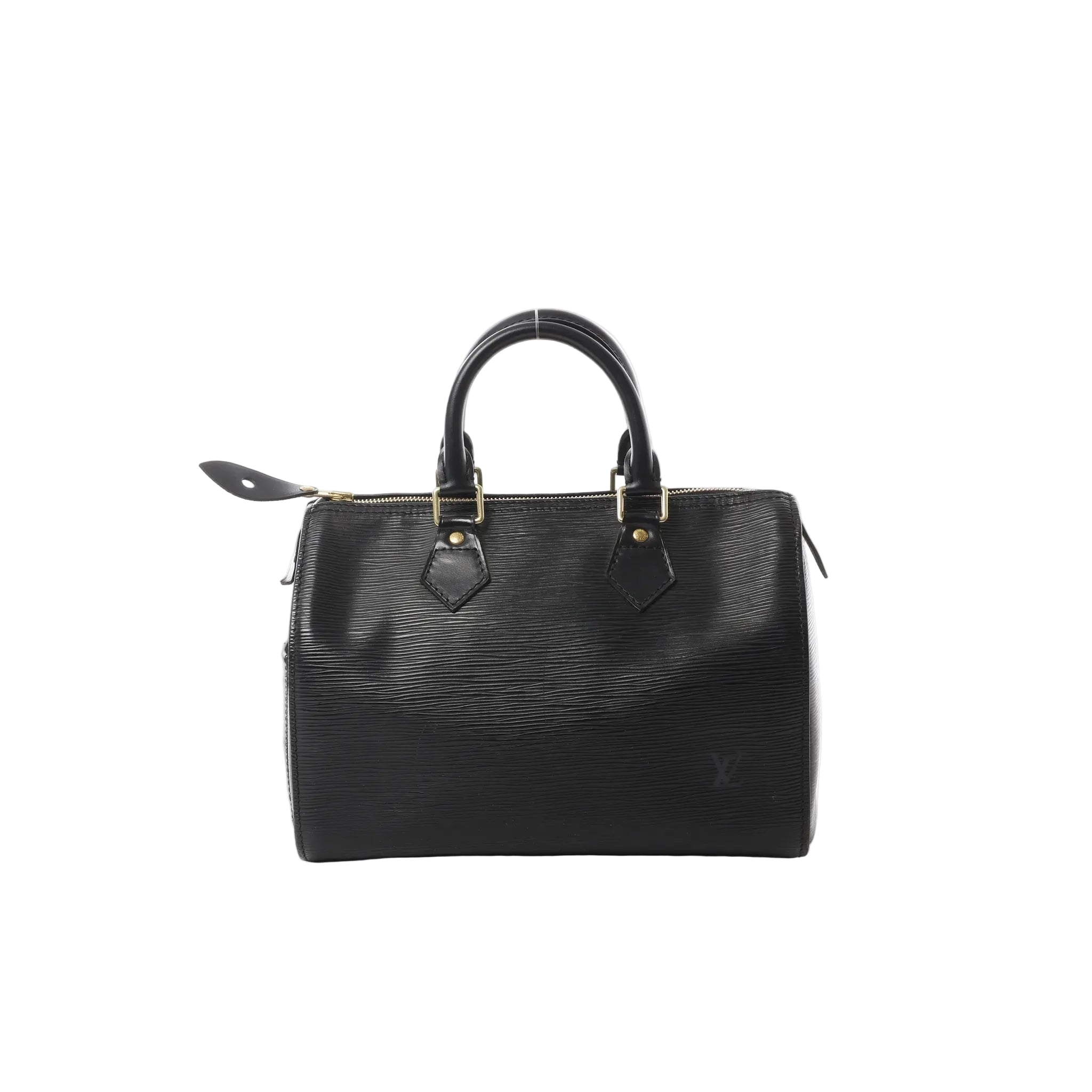 Black Louis Vuitton Speedy 25 handbag in textured Epi leather with top handles, zip-top closure, and gold-tone hardware on a white background.