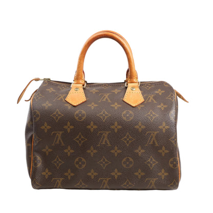 Louis Vuitton Speedy 25 handbag in brown Monogram canvas with natural leather top handles, gold-tone hardware, and a structured silhouette.