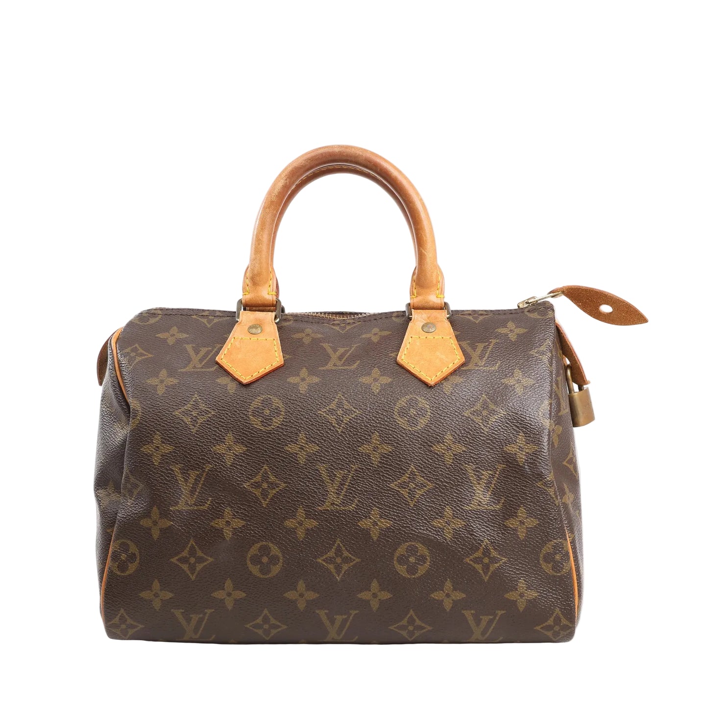 Louis Vuitton Monogram Speedy 25 handbag in brown coated canvas with leather top handles, gold-tone hardware, and zip closure, model M41528.