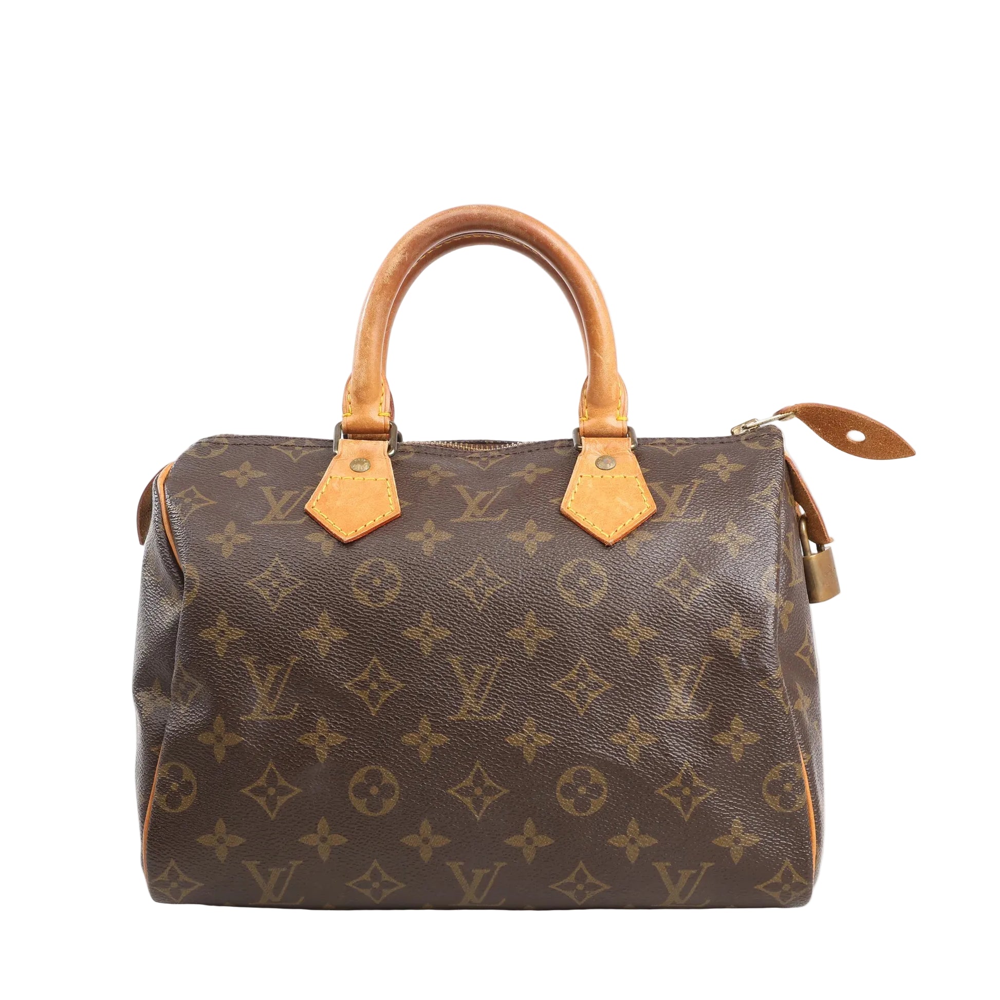 Louis Vuitton Monogram Speedy 25 handbag in brown coated canvas with leather top handles, gold-tone hardware, and zip closure, model M41528.