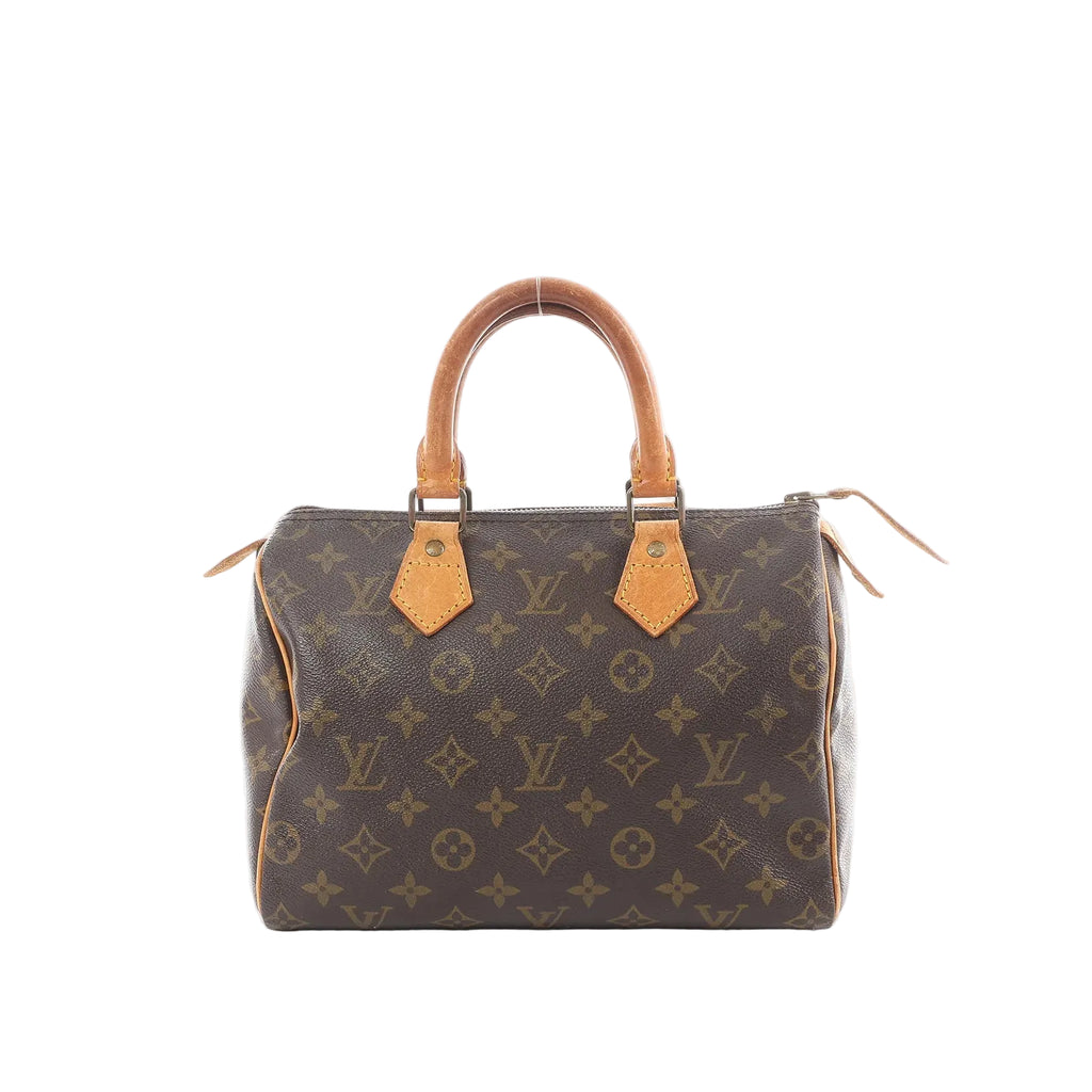 Louis Vuitton Speedy 25 handbag in brown Monogram canvas with tan vachetta leather top handles and top zip closure.