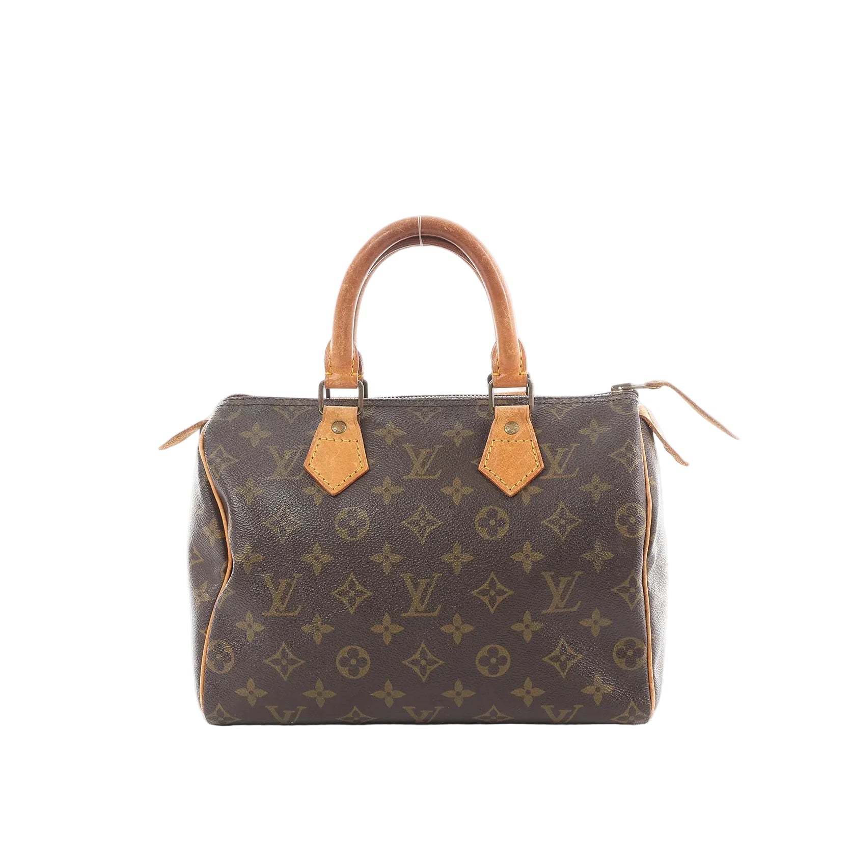 Louis Vuitton Speedy 25 handbag in brown Monogram canvas with tan vachetta leather top handles and top zip closure.