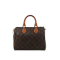 Louis Vuitton Speedy 25 brown Monogram canvas handbag with natural leather top handles, leather piping, zip closure and gold-tone hardware.
