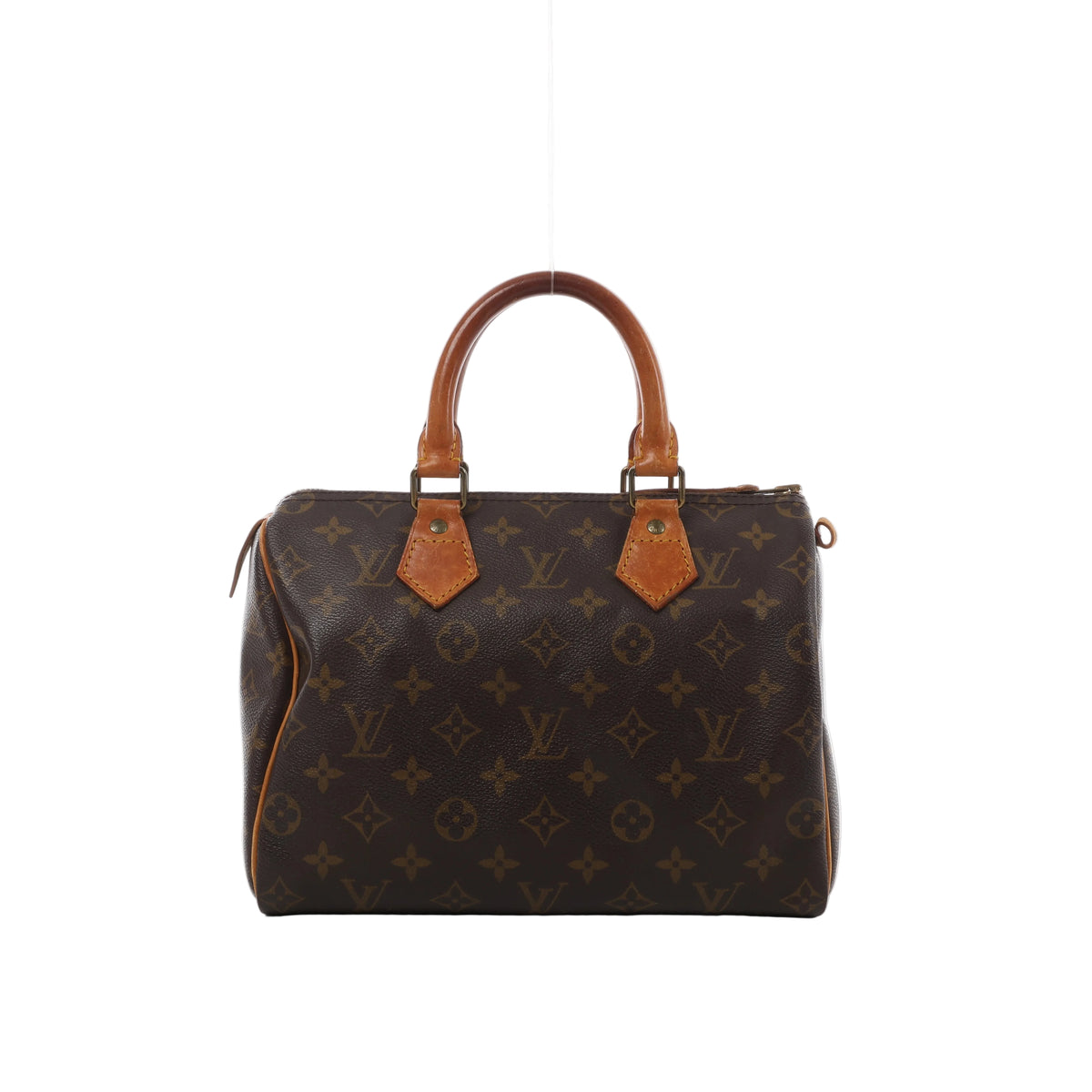Louis Vuitton Speedy 25 brown Monogram canvas handbag with natural leather top handles, leather piping, zip closure and gold-tone hardware.