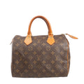 Louis Vuitton Speedy 25 handbag in brown Monogram canvas with dual rolled leather handles, gold-tone hardware, and top zip closure, shown on a white background.
